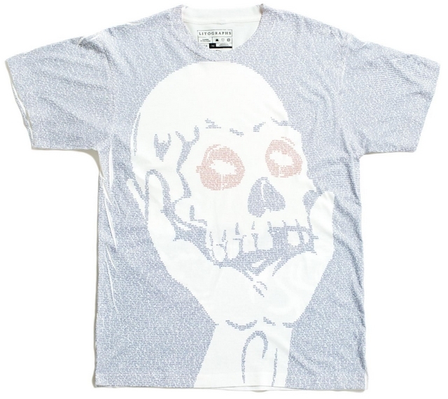 A shirt with the entire text of "Hamlet" printed on it.