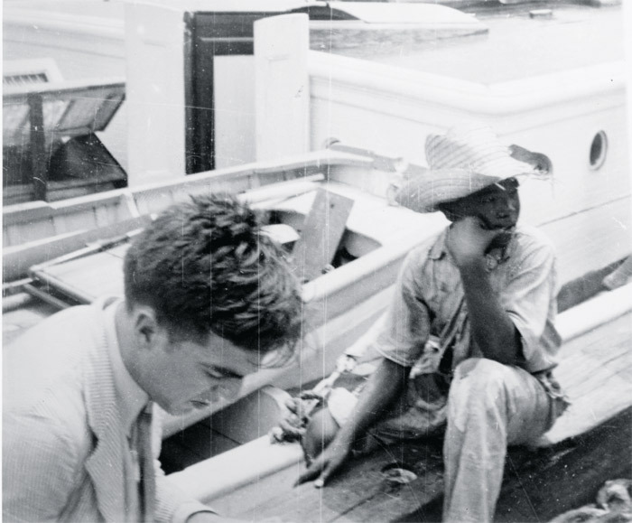 Alan Lomax (left) on a recording expedition in the Bahamas, 1935.