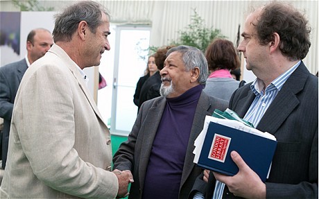 Paul Theroux and VS Naipaul at the 2011 Hay Festival, Photo by Daniel Mordzinski from The Telegraph.