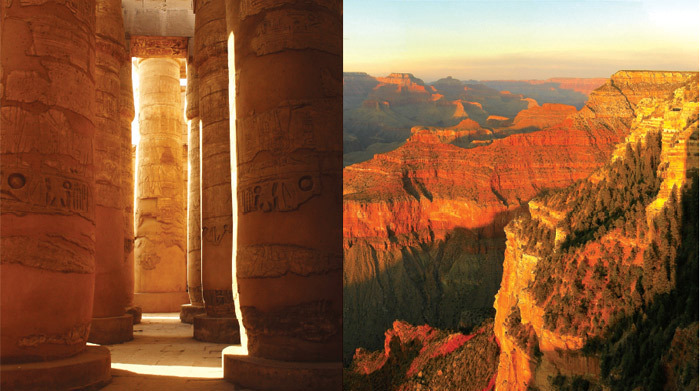 The Karnak Temple, Thebes, Egypt, and the Grand Canyon, Arizona.