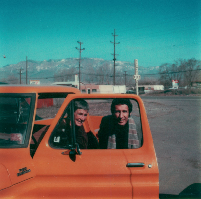 Agnes Martin and Arne Glimcher in her new truck in Galisteo, New Mexico, 1979.