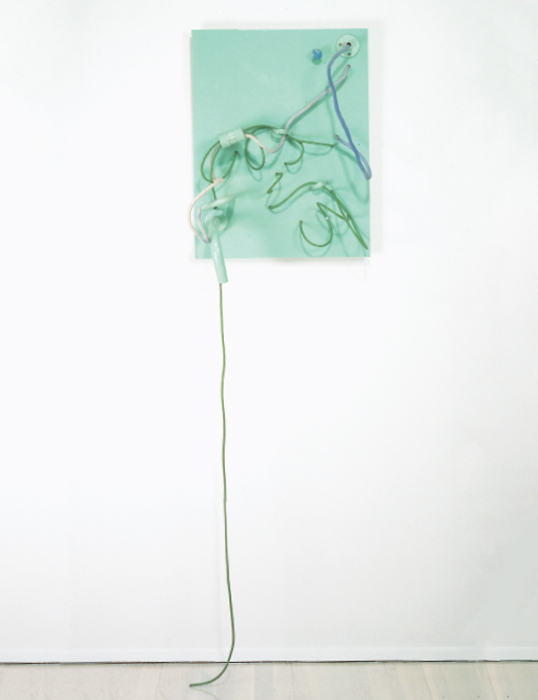 Eva Hesse, Top Spot, 1965, tempera, enamel, cord, found objects (metal, plastic, porcelain), particleboard, wood, 82 x 21 1/4 x 12 3/4" (variable).