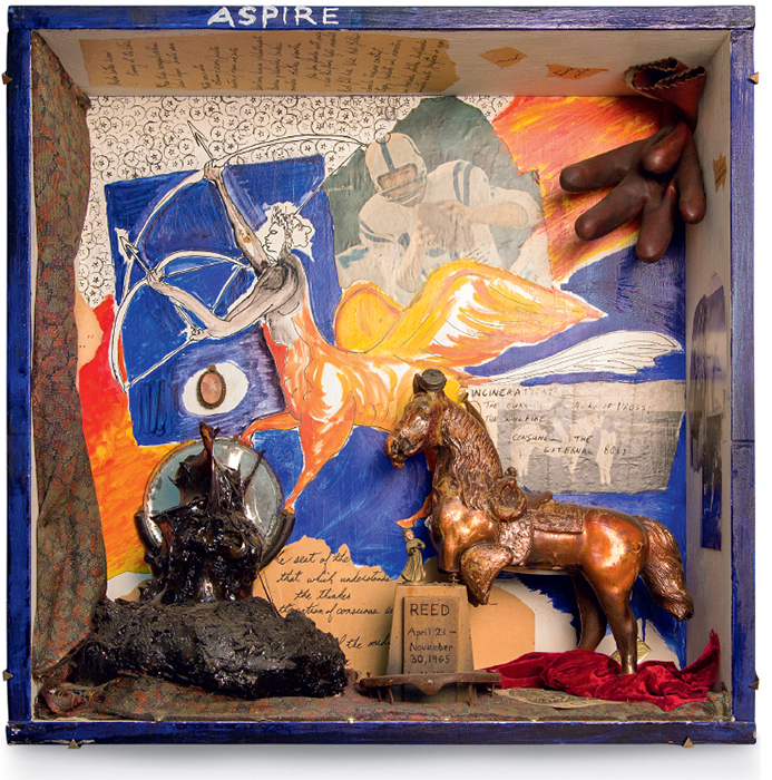 George Herms, Zodiac behind Glass—Sagittarius Box, 1965, assemblage, 25 × 24 × 8".