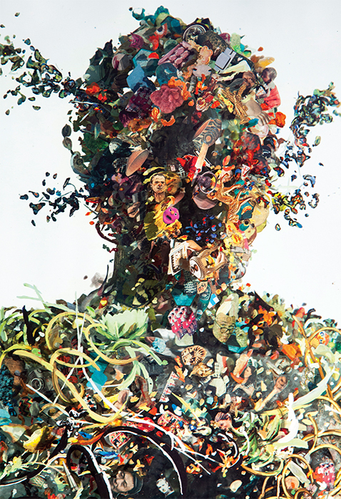 Dustin Yellin, Psychogeography 32 (detail), 2013, glass, collage, acrylic, 72 × 27 × 15".