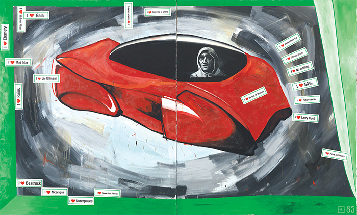 Martin Kippenberger, The Capitalistic Futuristic Painter in his Car, 1985, oil, acrylic, and stickers on canvas, 99 × 118".