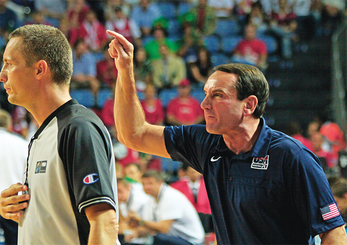 Coach Mike Krzyzewski berating a referee, 2010.