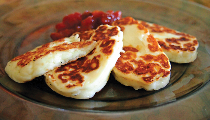 Toasted halloumi with tomato relish.