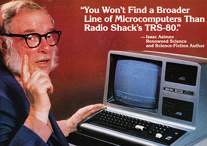 A detail from a 1982 Radio Shack advertisement showing Isaac Asimov and a TRS-80 computer.