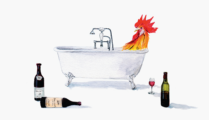 Tram Nguyen’s illustration for the Simple White Wine Roast Chicken recipe from Pen & Palate: Mastering the Art of Adulthood, with Recipes.