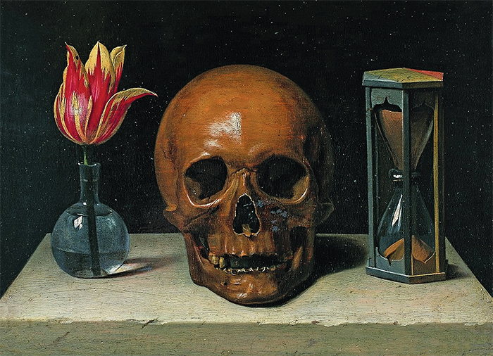 Philippe de Champaigne, Still-Life with a Skull, ca. 1671, oil on panel, 11 × 14 5/8". Wikicommons.