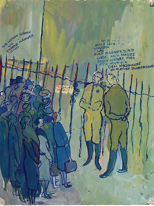 Charlotte Salomon, untitled (“We want to know where our men are…”), ca. 1941, gouache on paper, 12 7/8 × 9 7/8". From the series “Leben? oder Theater?” (Life? or Theater?), 1940–42. Courtesy The Jewish Historical Museum.