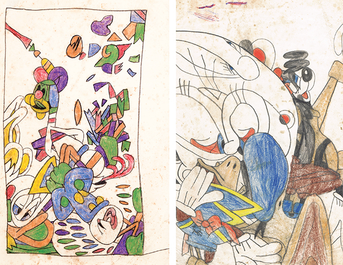 Two untitled works by Susan Te Kahurangi King, ca. 1959–61, crayon on paper, each 13 1/4 × 8 1/4". Courtesy the Susan Te Kahurangi King Fellowship of the American Folk Art Museum.