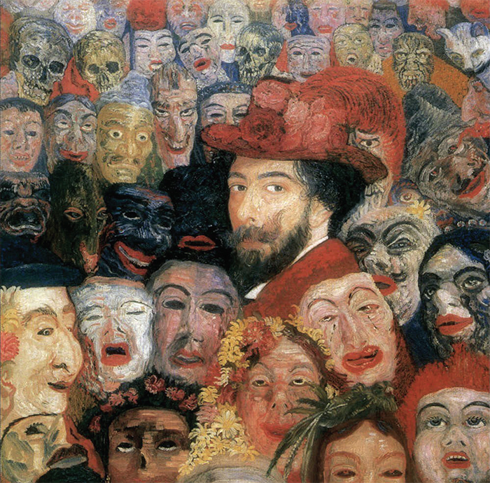 James Ensor, Self-Portrait with Masks (detail), 1899, oil on canvas, 47 1/4 × 31 1/2".