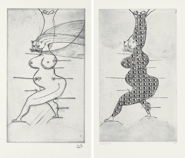 From left: Louise Bourgeois, Sainte Sébastienne, 1990, drypoint on paper, 25 3/8 × 17 1/8". Louise Bourgeois, Stamp of Memories II, 1994, drypoint and metal stamp on paper, 25 3/8 × 17 1/8". © The Easton Foundation/Licensed by VAGA, NY, courtesy t