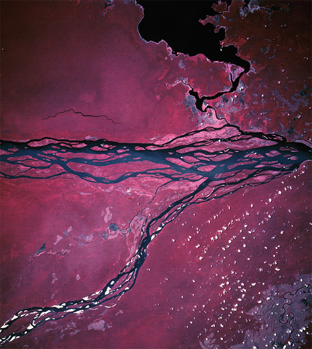 Infrared photo of the Congo and Ubangi Rivers, Zaire (now Democratic Republic of Congo), 1995. NASA/Flickr.