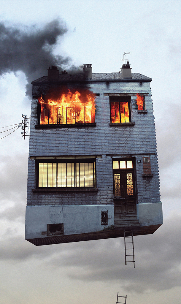 Laurent Chéhère, En Feu (On Fire), 2012, C-print, dimensions variable. From the series “Flying Houses,” 2009–. © Laurent Chéhère.