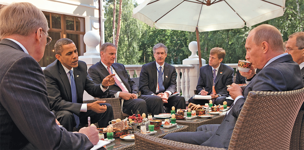 President Barack Obama, National Security Advisor Jim Jones, Under Secretary of State for Political Affairs Bill Burns, and NSC Senior Director for Russian Affairs Mike McFaul, meet with Prime Minister Vladimir Putin at his dacha outside Moscow,