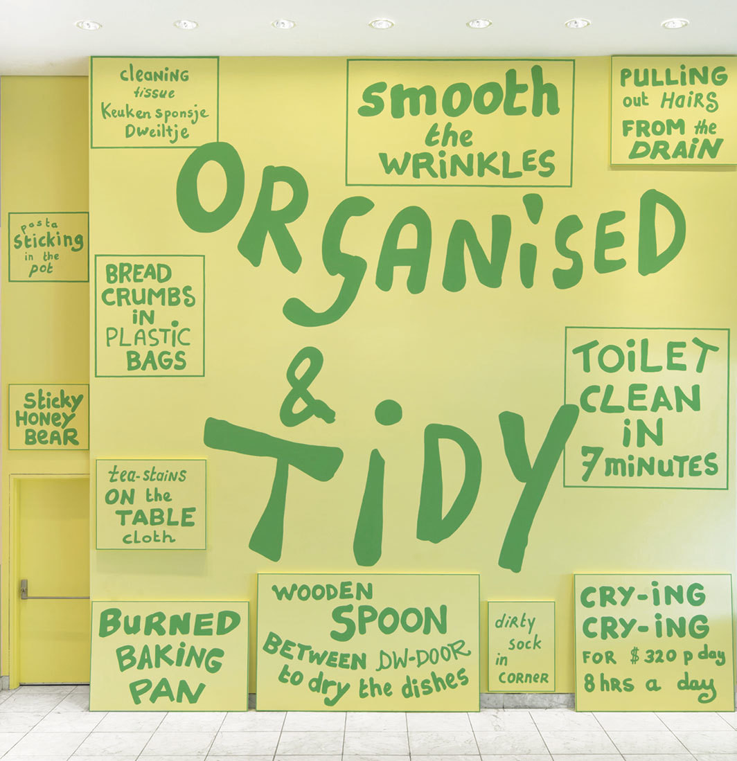 Lily van der Stokker, The Tidy Kitchen (detail), 2015, acrylic on wood panels. Installation view, Hammer Museum, Los Angeles. Brian Forrest