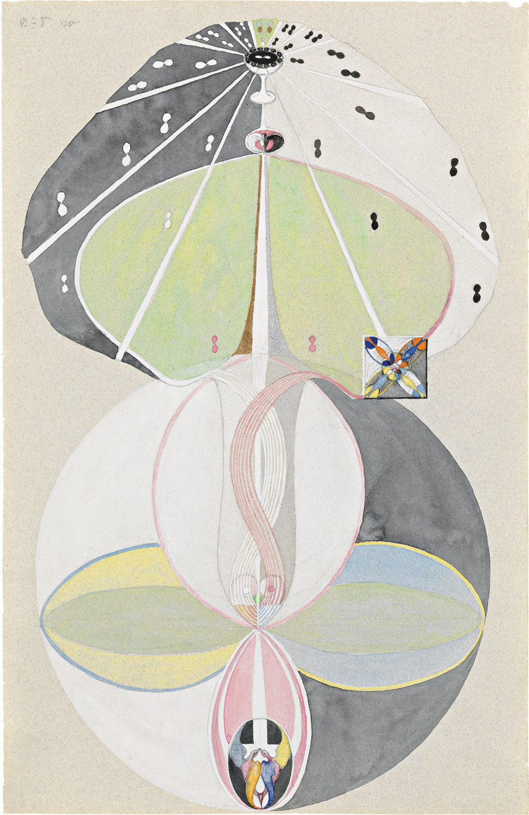 Hilma af Klint, Kunskapens träd, nr 5 (Tree of Knowledge, No. 5), 1915, watercolor, gouache, graphite, and metallic paint on paper, 18 × 11 5⁄8". From “W Series.”