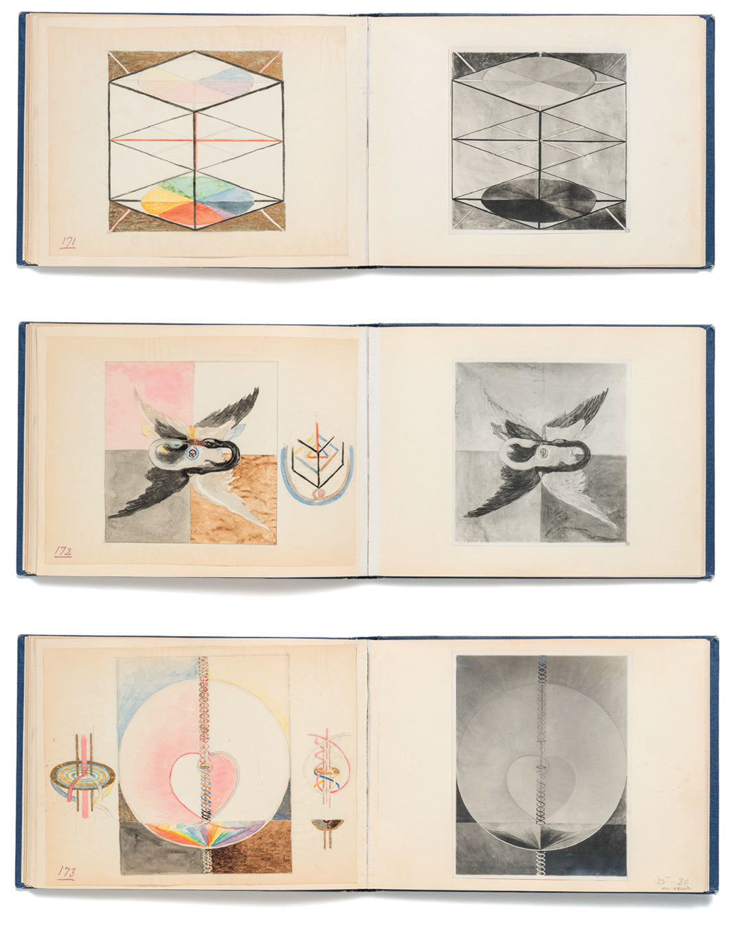 Three spreads from Hilma af Klint’s Blue Book 1179, 1914–15, mixed media on paper and gelatin silver prints mounted in clothbound book, overall 6 7⁄8 × 17 3⁄4".