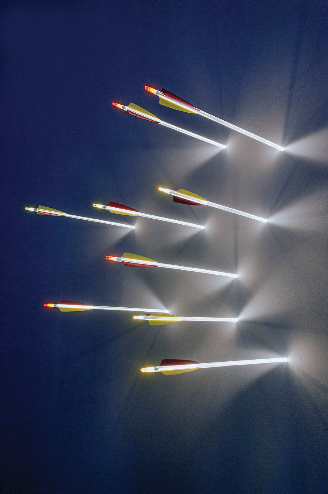 Hans Kotter, Arrows, 2014, Plexiglas, LED lights, feathers, dimensions variable.