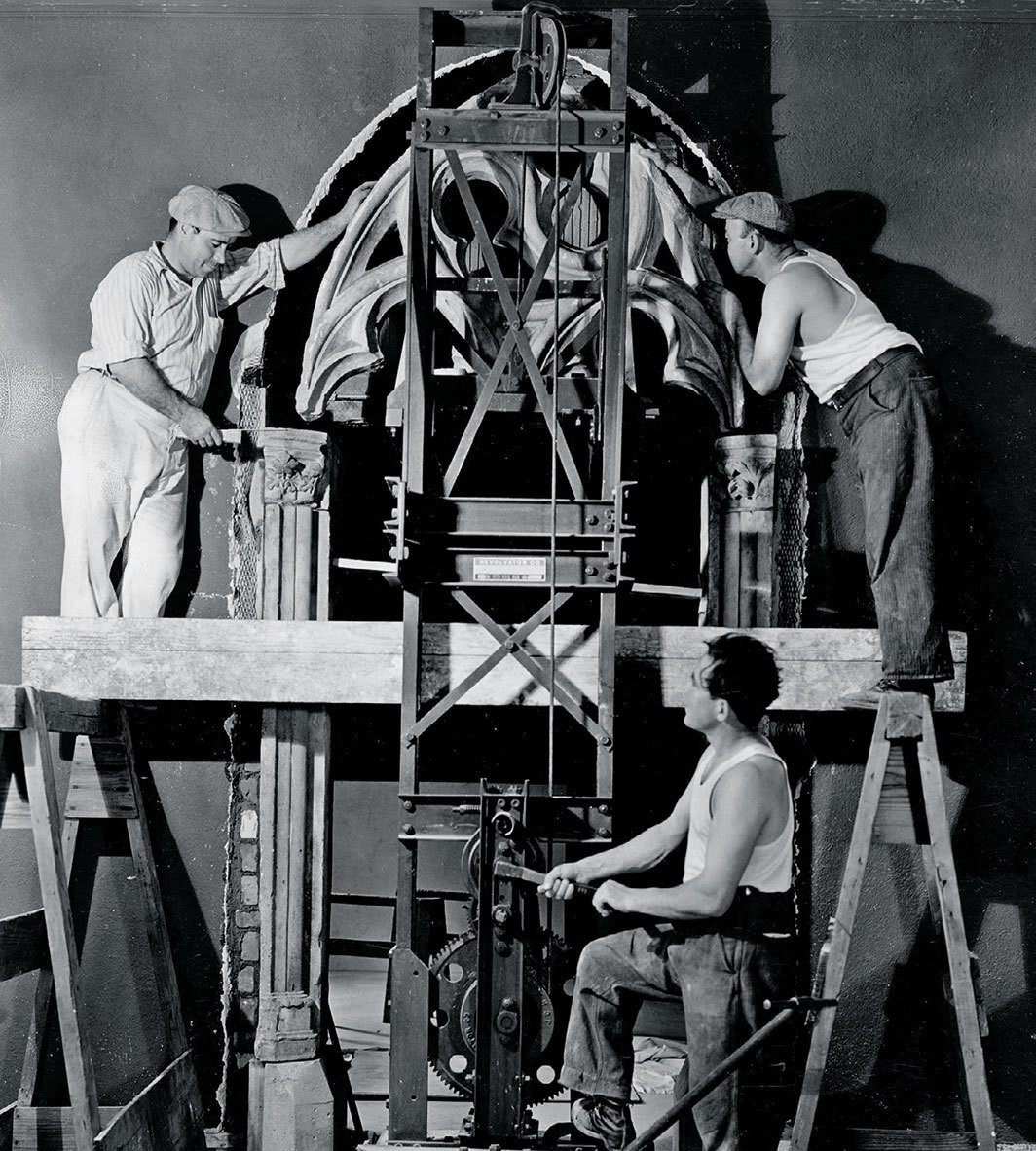 Installation of a gothic archway for an “atmosphere room” in the Rhode Island School of Design Museum, Providence, RI, 1940.