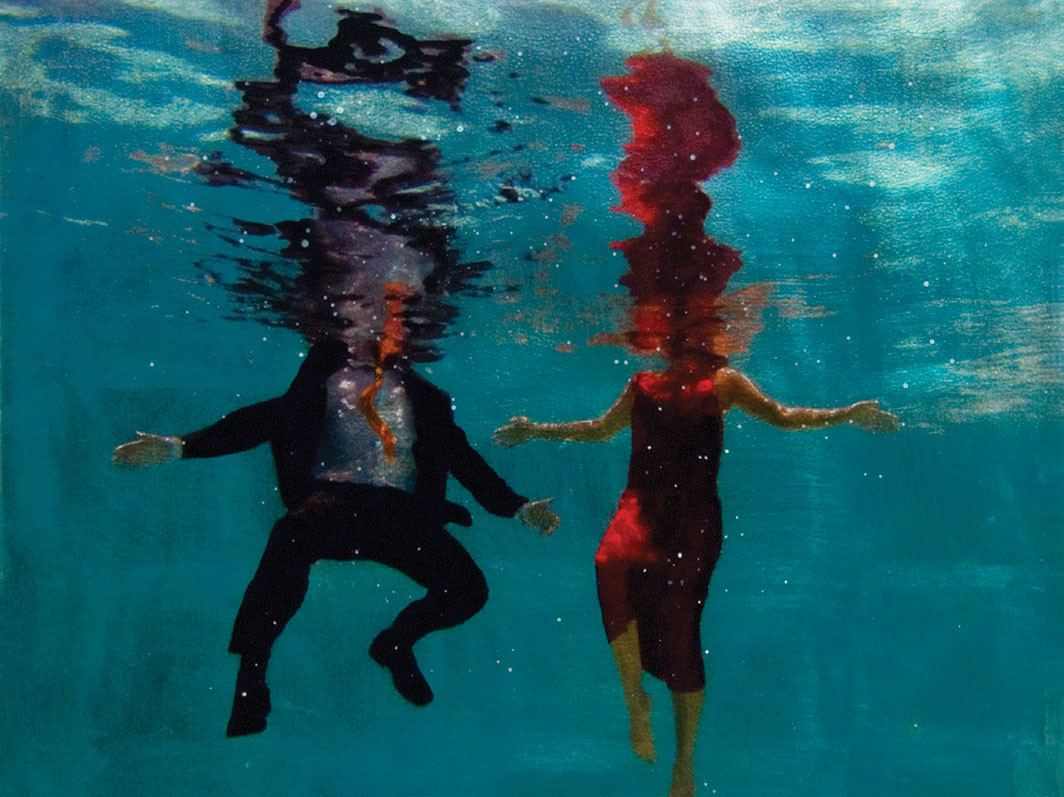 Eric Zener, Staying Afloat (detail), 2019, ink-jet print, ink, acrylic, silver leaf, and resin on panel, 33 × 30". Courtesy Gallery Henoch