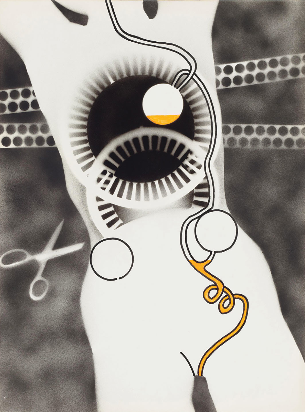Kiki Kogelnik, Female Robot, 1964, acrylic, India ink, and enamel on paper, 28 3⁄4 × 21 5⁄8". © Kiki Kogelnik Foundation