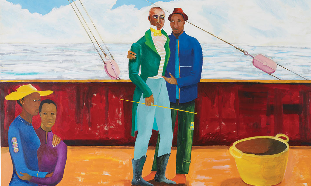 Lubaina Himid, Le Rodeur: The Captain and the Mate (detail), 2017–18, acrylic on canvas, 72 × 96 1⁄8". Courtesy the artist and Hollybush Gardens