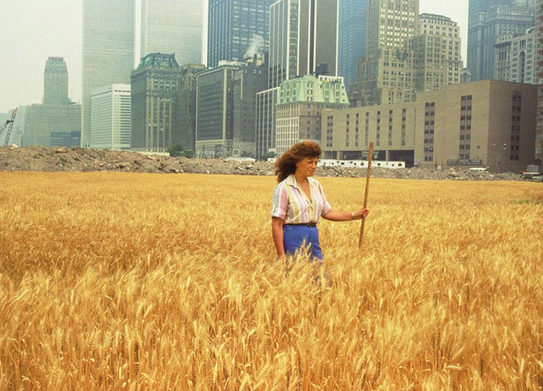 *Agnes Denes with her _Wheatfield: A Confrontation,_ 1982, New York.* John McGrall; Courtesy the artist and Leslie Tonkonow Artworks + Projects