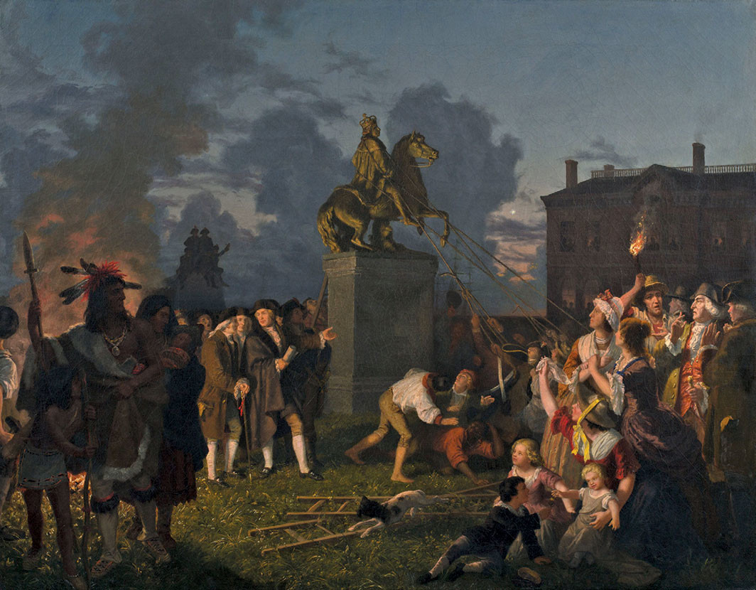 Johannes Adam Simon Oertel, Pulling Down the Statue of King George III, New York City, 1852–53, oil on canvas, 32 × 41 1⁄4".