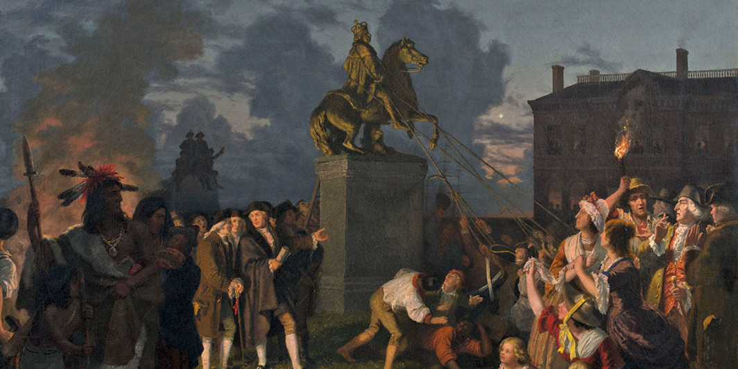 *Johannes Adam Simon Oertel, _Pulling Down the Statue of King George III,_ New York City, 1852–53,* oil on canvas, 32 × 41 1⁄4". 