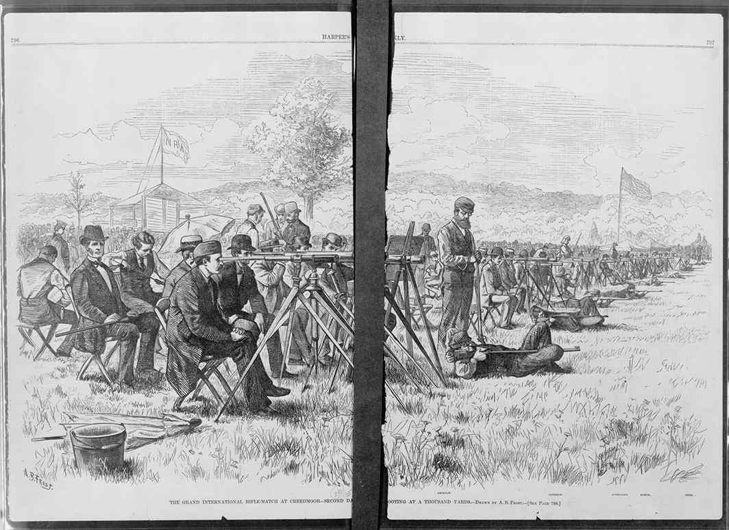 Illustration of the Grand International rifle match at Creedmoor, Long Island, 1876. A. B. Frost/Harper’s Weekly/Library of Congress