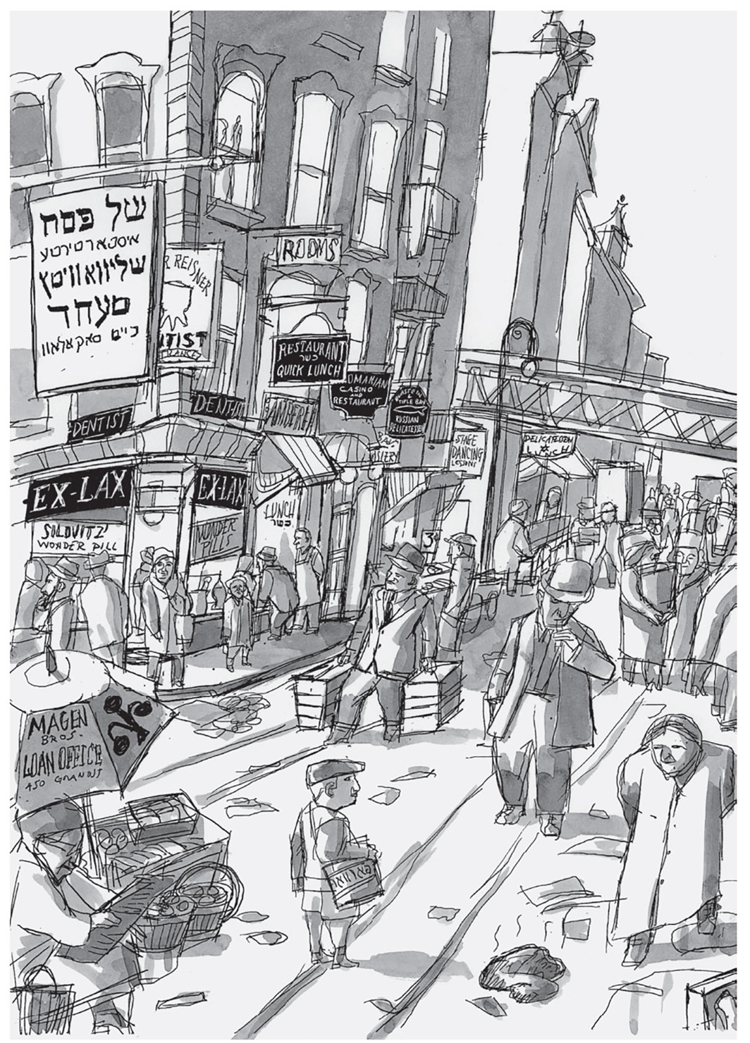 *Ben Katchor’s illustration of the once-thriving Jewish restaurant culture in Lower Manhattan, 2020.* © Ben Katchor