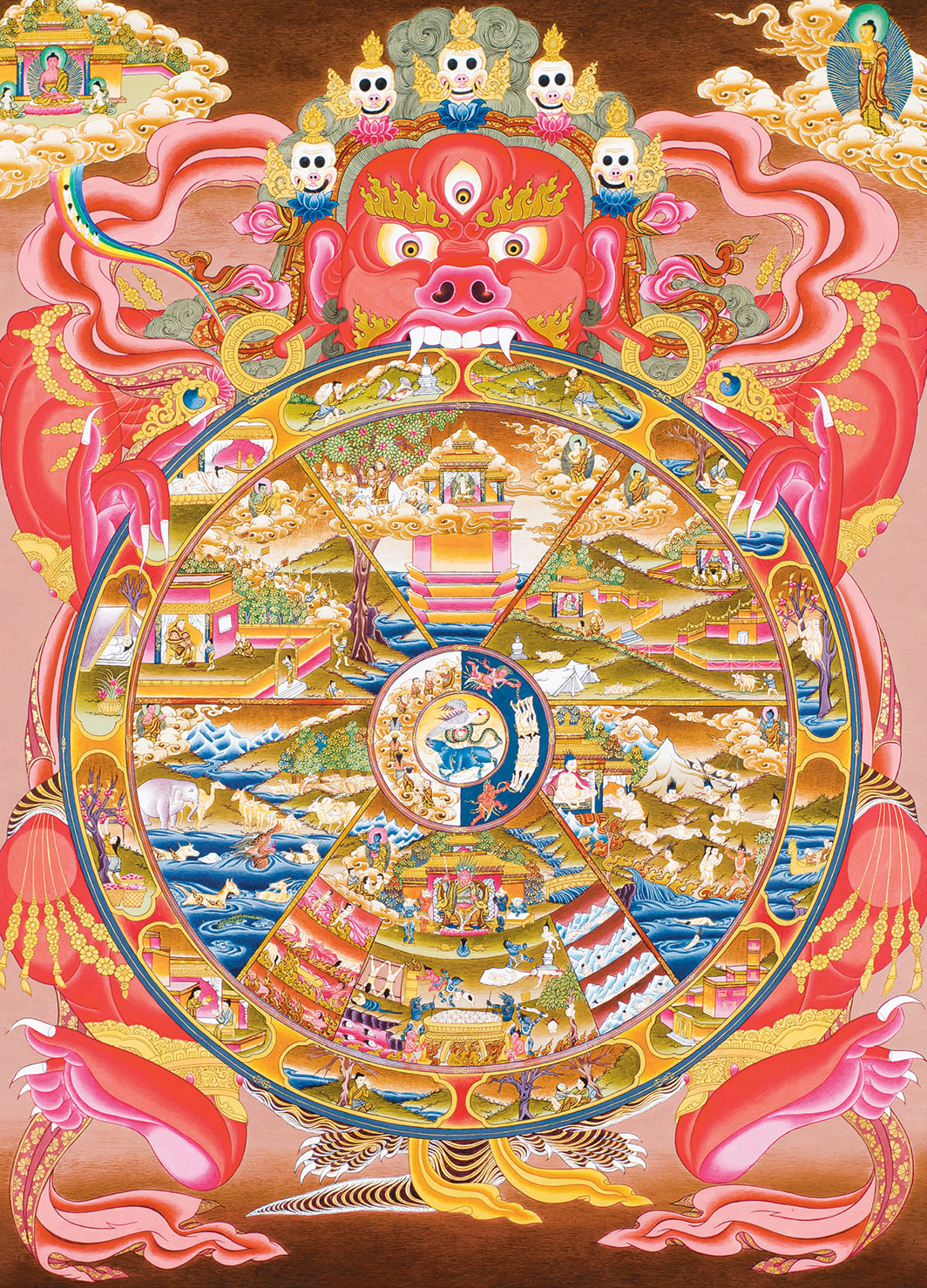 *Tulku Lama, _Wheel of Life,_ 2001,* gouache and gold leaf on canvas, 27 1⁄8 × 19 3⁄4". Thangka Mandala Buddhist Art Gallery