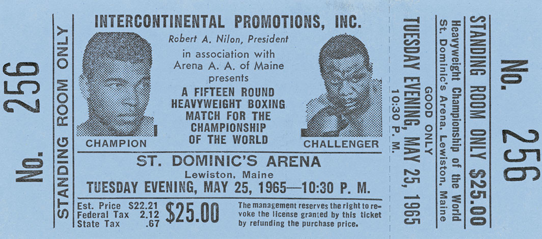 Ticket for a Muhammad Ali vs. Sonny Liston boxing match, 1965. Collection of the Smithsonian National Museum of African American History and Culture