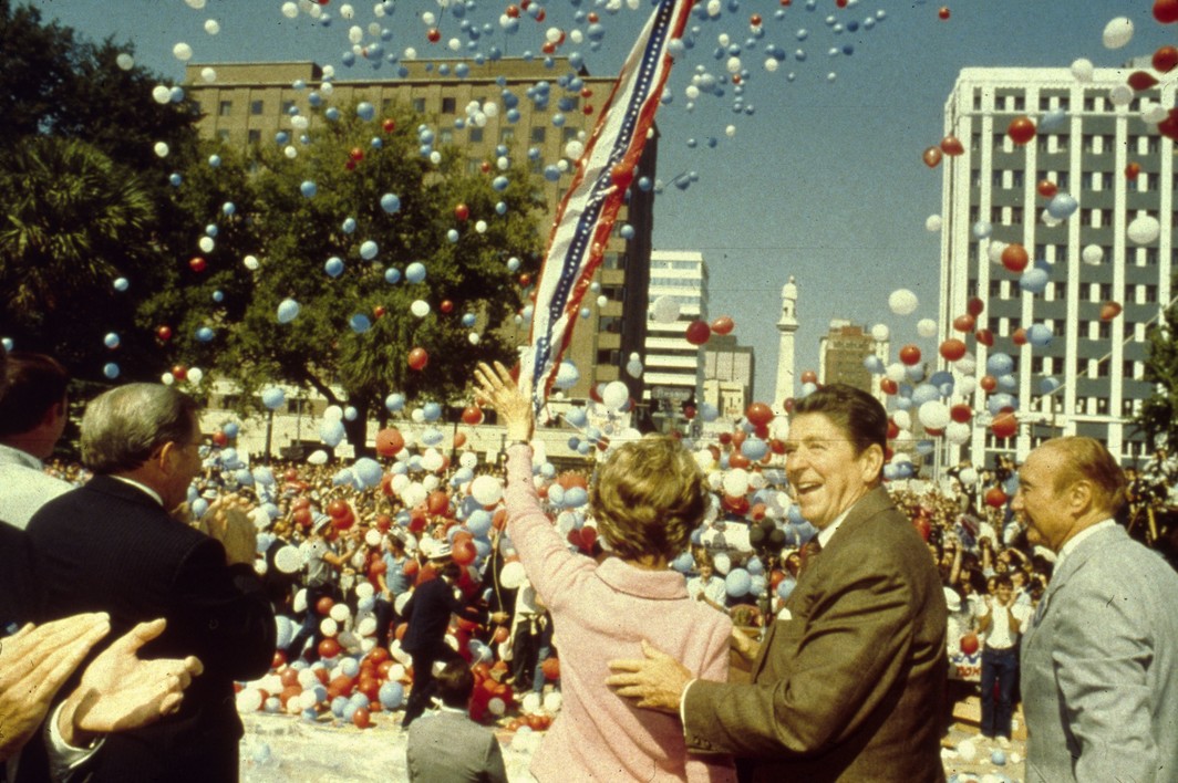 Nancy and Ronald Reagan with Senator Strom Thurmond on the Presidential campaign trail, South Carolina, 1980.