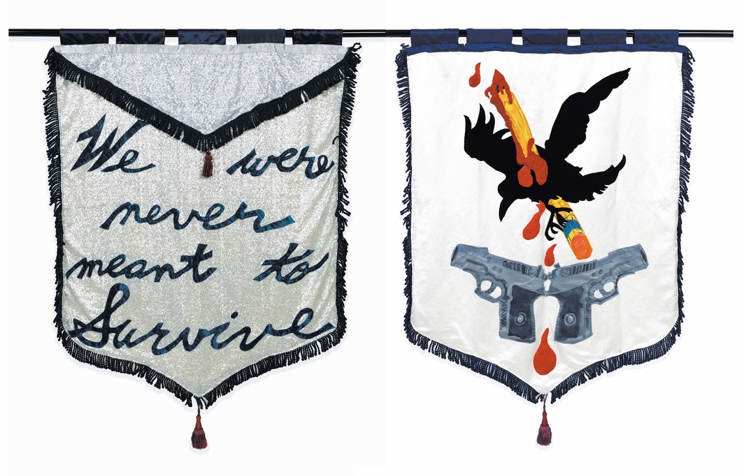 Cauleen Smith, We Were Never Meant to Survive, 2017, recto/verso, satin, poly-satin, wool felt, upholstery, indigo-dyed silk-rayon velvet, metallic thread, embroidery floss, acrylic fabric paint, poly-silk tassels, sequins, 72 × 52". From the series