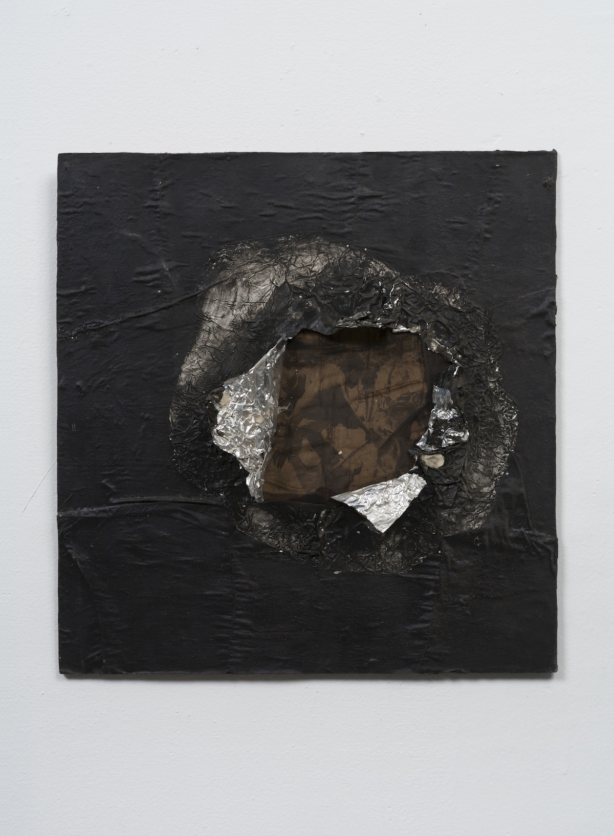 *Jack Whitten, _Birmingham_, 1964. Aluminum foil, newsprint, stocking, and oil on plywood* 16 5/8 x 16 in (42.2 x 40.6 cm). Collection Joel Wachs. © Courtesy the Jack Whitten Estate and Hauser & Wirth