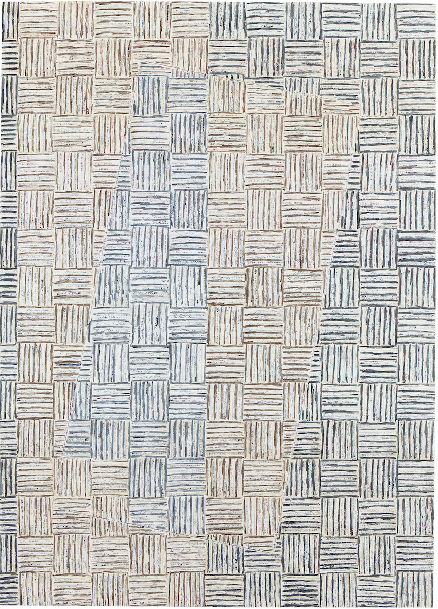 McArthur Binion, DNA:Study:X, 2014, ink, oil paint stick, and paper on board, 64 x 46".