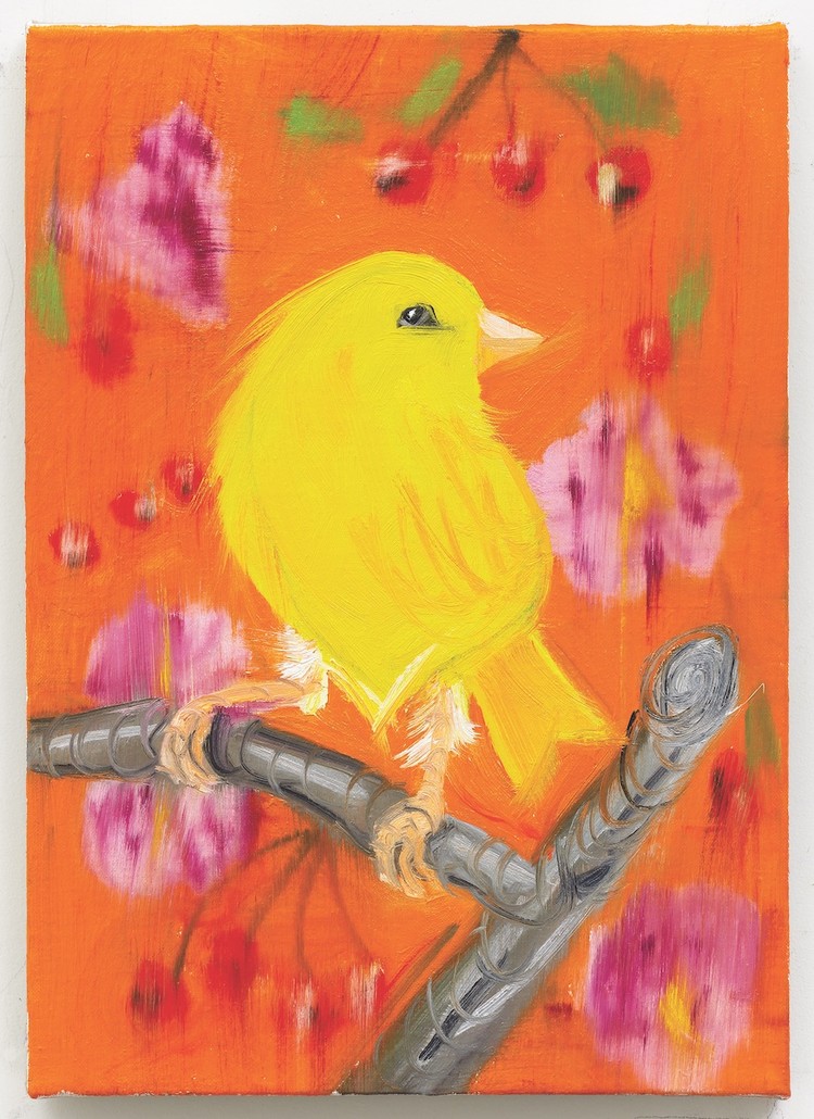 *Ann Craven, _Yellow Canary (Stepping Out on Orange)_, 2019*, oil on linen, 14 x 10”.