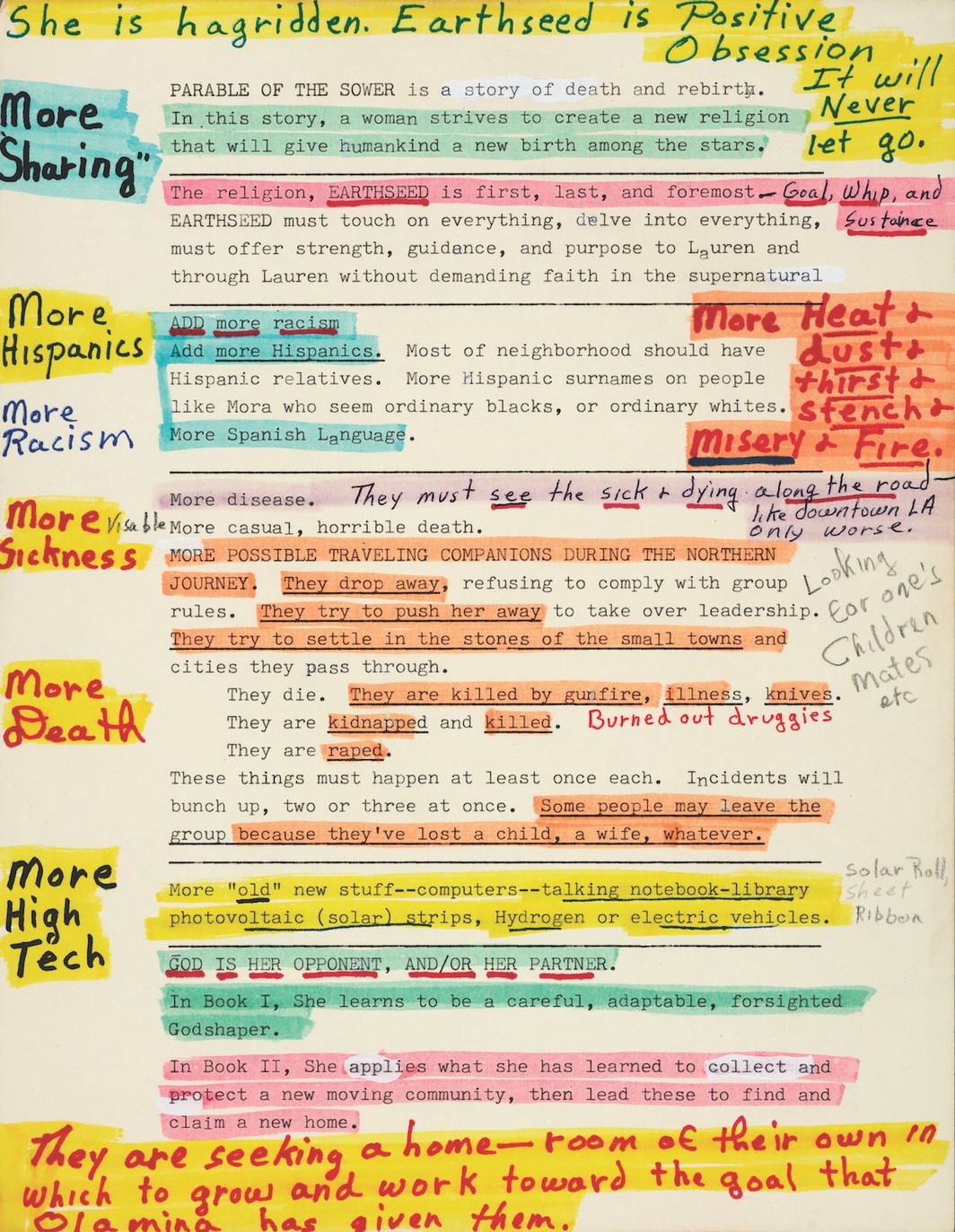 Octavia E. Butler's ca. 1989 manuscript notes for her novel Parable of the Sower, 1993.