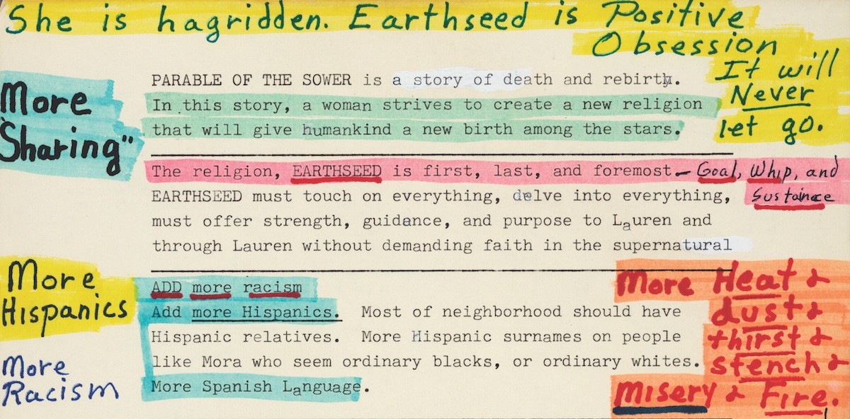 *Octavia E. Butler's ca. 1989 manuscript notes for her novel _Parable of the Sower_, 1993.*