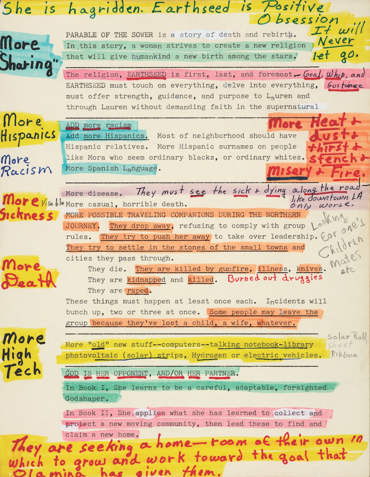 *Octavia E. Butler's ca. 1989 manuscript notes for her novel _Parable of the Sower_, 1993.*