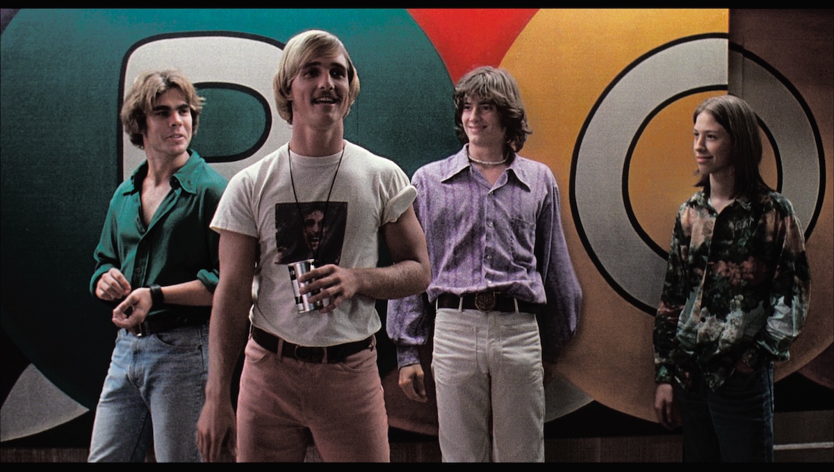 *Richard Linklater, _Dazed and Confused_, 1993*. From left: Don (Sasha Jenson), Wooderson (Matthew McConaughey), Pink (Jason London), Mitch (Wiley Wiggins).