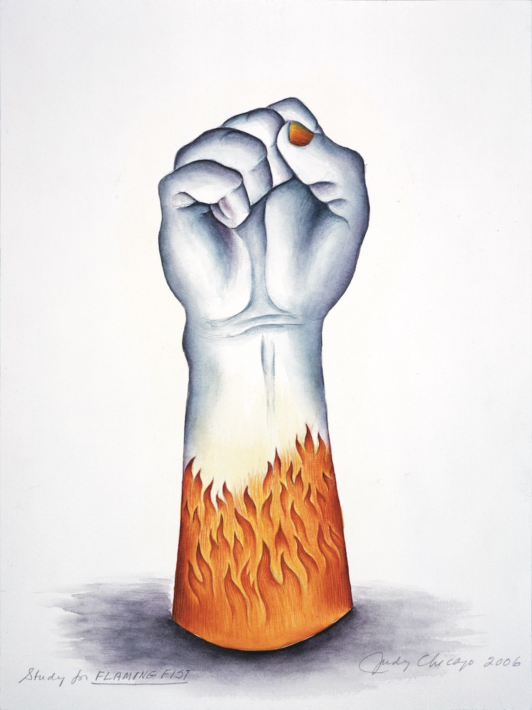 Judy Chicago, Study for Flaming Fist, 2006, watercolor pencil on paper, 12 x 9". © Judy Chicago/Artists Rights Society (ARS), New York/Courtesy of the artist, Salon 94, New York, Jessica Silverman Gallery, San Francisco, and Turner Carroll Gallery, Sa