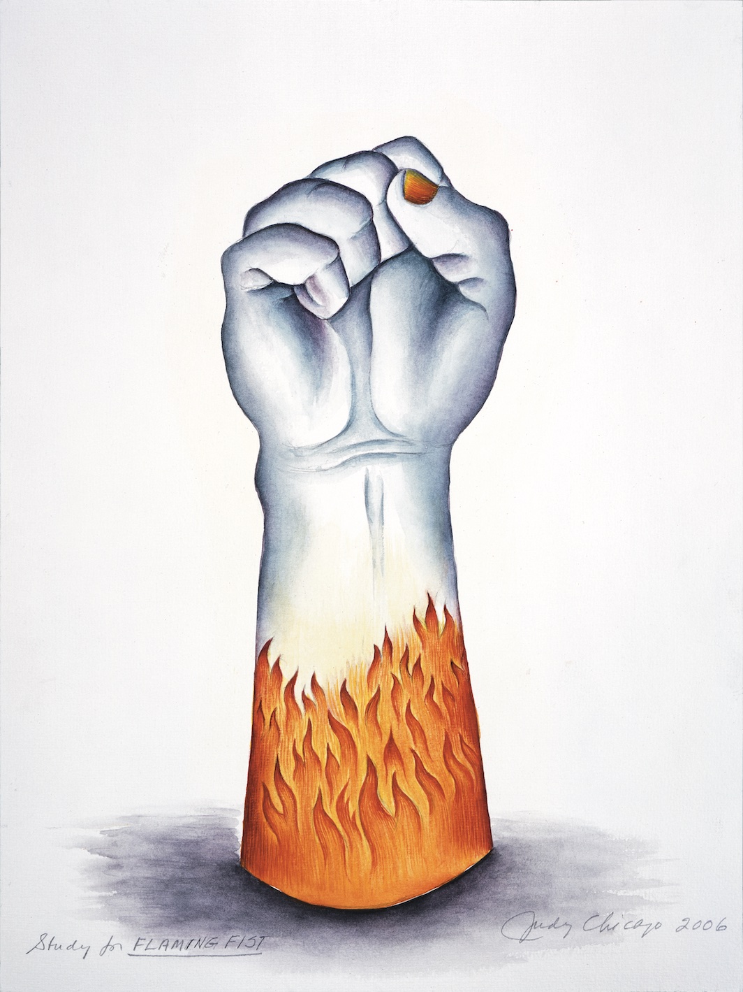 *Judy Chicago, _Study for Flaming Fist_, 2006,* watercolor pencil on paper, 12 x 9". © Judy Chicago/Artists Rights Society (ARS), New York/Courtesy of the artist, Salon 94, New York, Jessica Silverman Gallery, San Francisco, and Turner Carroll Gallery, Sa