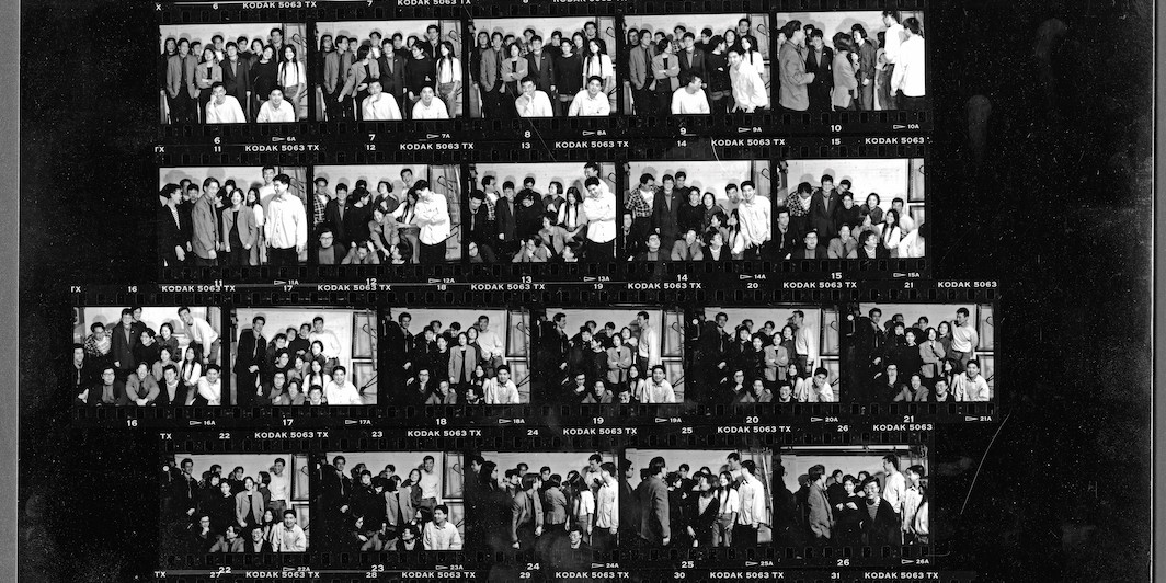 *Tom Finkelpearl's contact sheet of Godzilla: Asian American Arts Network group portraits, 1991.* Courtesy Godzilla: Asian American Arts Network Archive/Fales Library and Special Collections, NYU.   