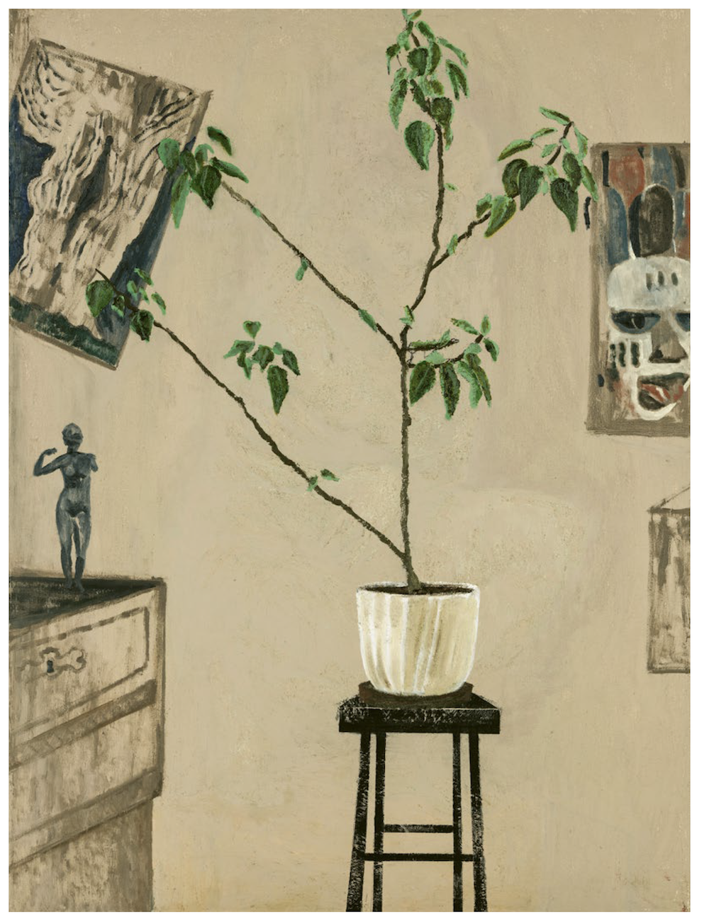 *Mamma Andersson, _Artefakter med Fikus_ (Artifacts with Ficus), 2021,* oil on canvas, 47 1/4 x 35 3/8". Courtesy the artist and Galleri Magnus Karlsson, Stephen Friedman Gallery, and David Zwirner