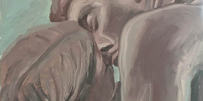 *Salomón Huerta, _After Rodin (Kiss)_, 2019*, oil on wood panel, 38 x 23". 